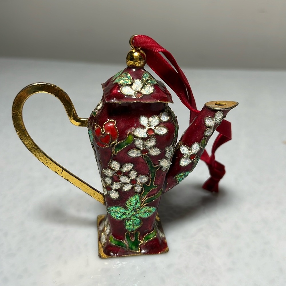 Vintage Embellished Metal Tea Pot Ornament with Red Ribbon Rare